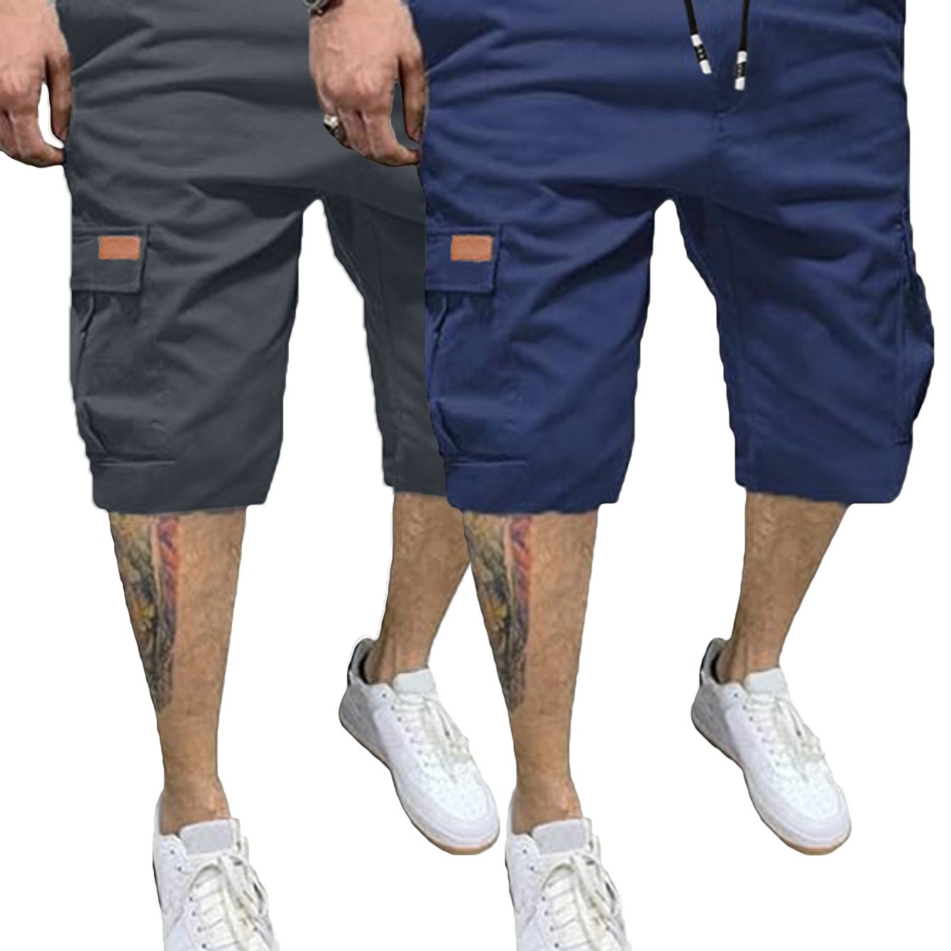 2pcs Men's Casual Cargo Shorts - Classic Drawstring, Stretch Cotton with Multiple Pockets, Gray & Brown, Machine Washable, Comfortable for Casual Attire