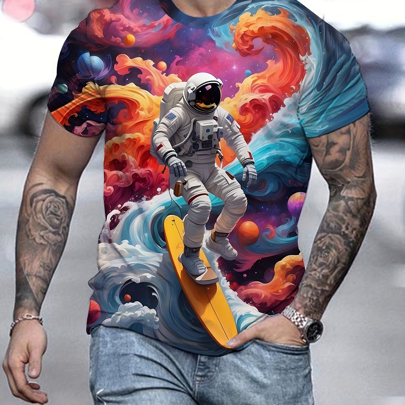 Men'S Astronaut Skateboarding Printed T-shirt - Lightweight Short Sleeved Round Neck, Perfect For Outdoor Adventures And Daily Style