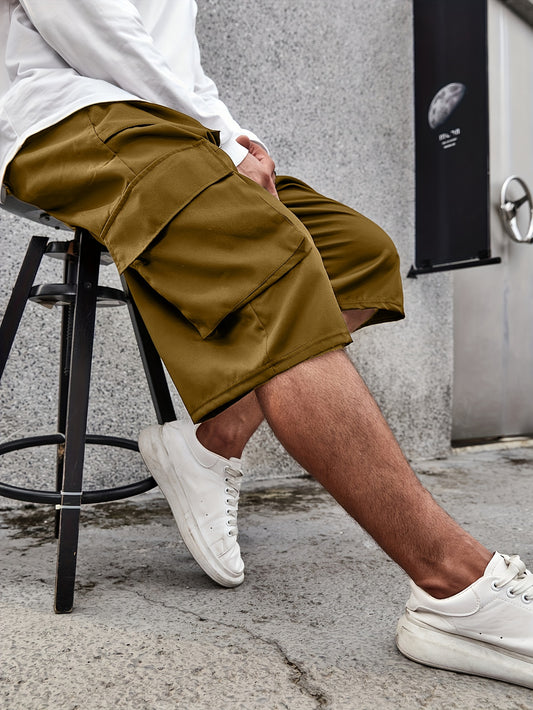 Plus Size Mens Fashion Cargo Shorts - Comfortable & Breathable Solid Colors, Oversized Casual Shorts with Multiple Pockets for Stylish Summer Wear