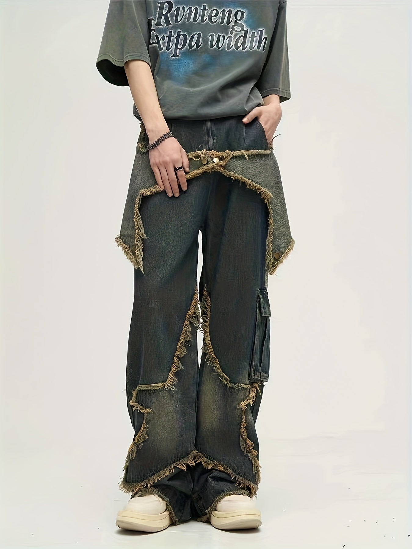 YASUYUAN Men's Comfort-Fit Jeans - Relaxed Streetwear Denim with Raw Edge, Versatile Baggy Pants for Everyday Cool
