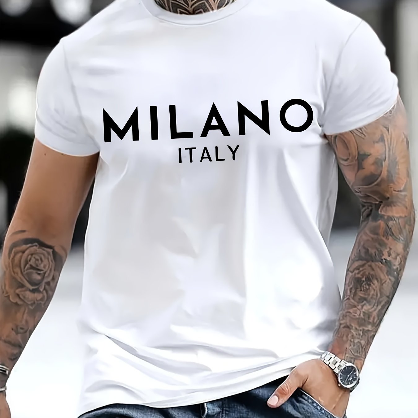 Italy Milan lettering printed T-shirt men's casual style summer and autumn slightly elastic round neck T-shirt