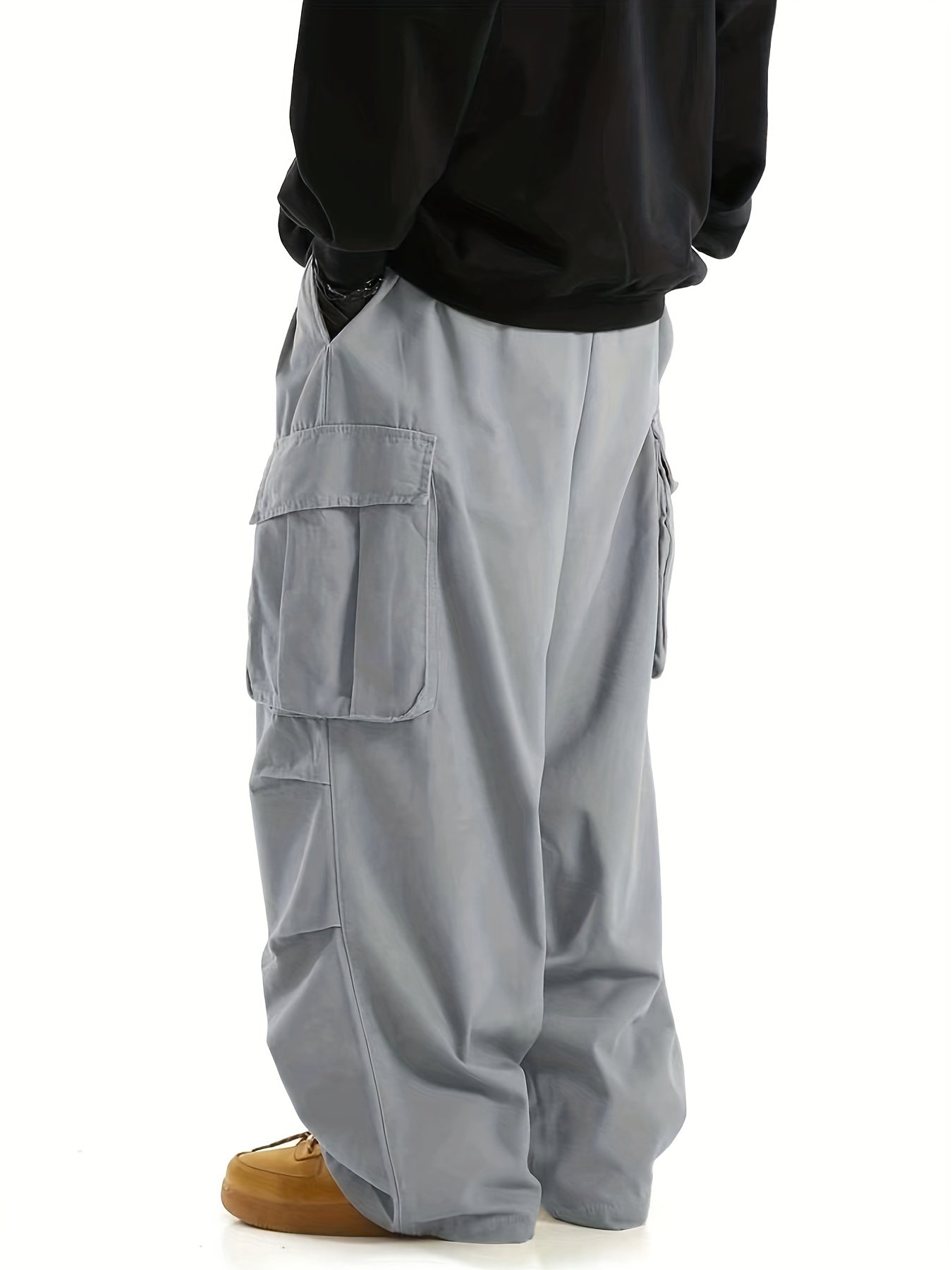 Loose Casual Men's Straight Leg Cargo Pants - Solid Multi Flap Pockets Outdoor Baggy Pants - Work Pants Streetwear
