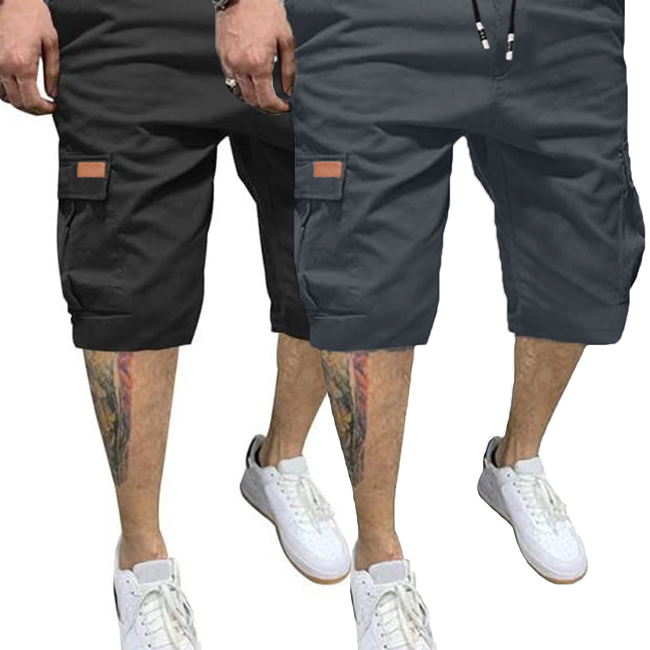 2pcs Men's Casual Cargo Shorts - Classic Drawstring, Stretch Cotton with Multiple Pockets, Gray & Brown, Machine Washable, Comfortable for Casual Attire