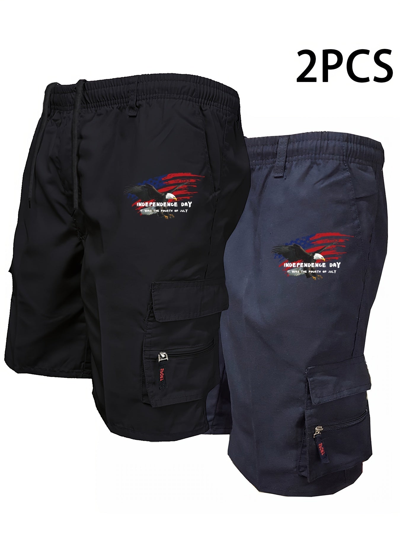 2pcs Graphic Print Men's Loose Fit Waist Drawstring Cargo Shorts with Creative American Flag, Side Pockets for Summer Outdoor Leisure and Work