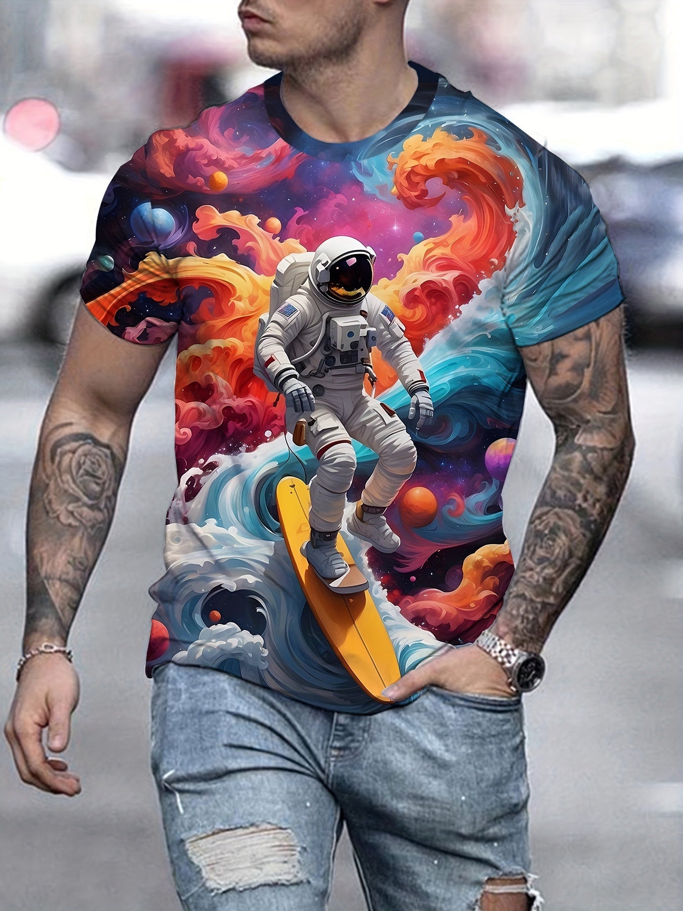 Men'S Astronaut Skateboarding Printed T-shirt - Lightweight Short Sleeved Round Neck, Perfect For Outdoor Adventures And Daily Style