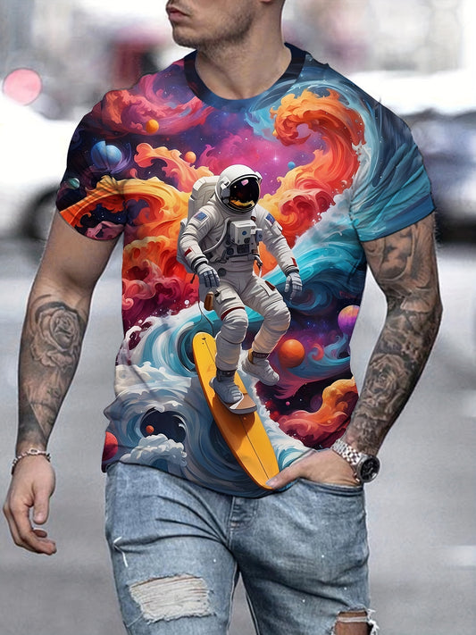 Men'S Astronaut Skateboarding Printed T-shirt - Lightweight Short Sleeved Round Neck, Perfect For Outdoor Adventures And Daily Style