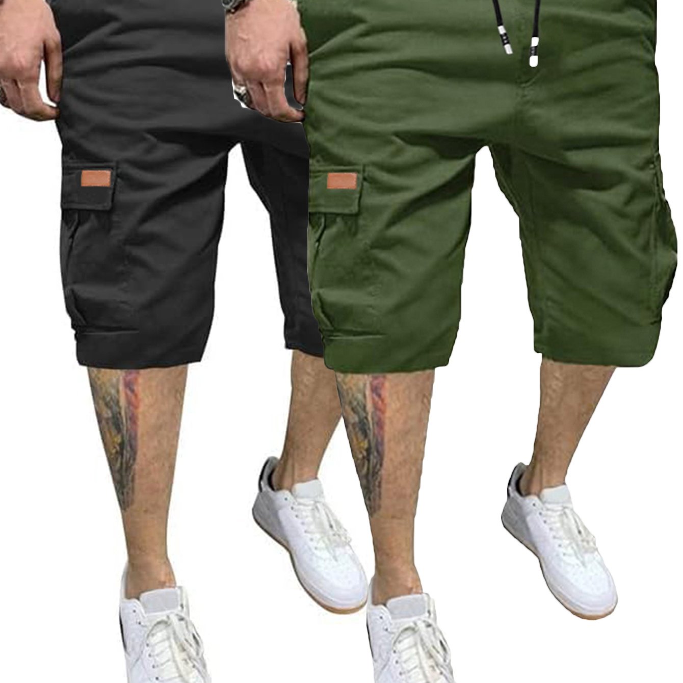 2pcs Men's Casual Cargo Shorts - Classic Drawstring, Stretch Cotton with Multiple Pockets, Gray & Brown, Machine Washable, Comfortable for Casual Attire