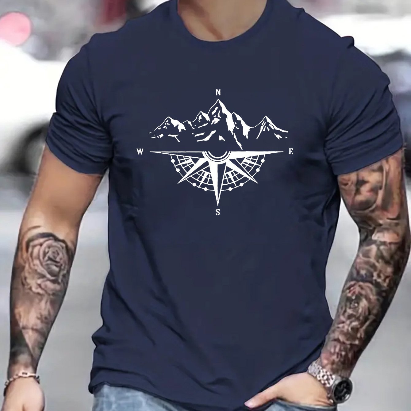 Mountain Shaped Compass & Letter Creative Printing Men's Round Neck Printed T-shirt, Short Sleeved Comfortable Loose Casual Top, Spring Summer Holiday Men's Clothing As A Gift