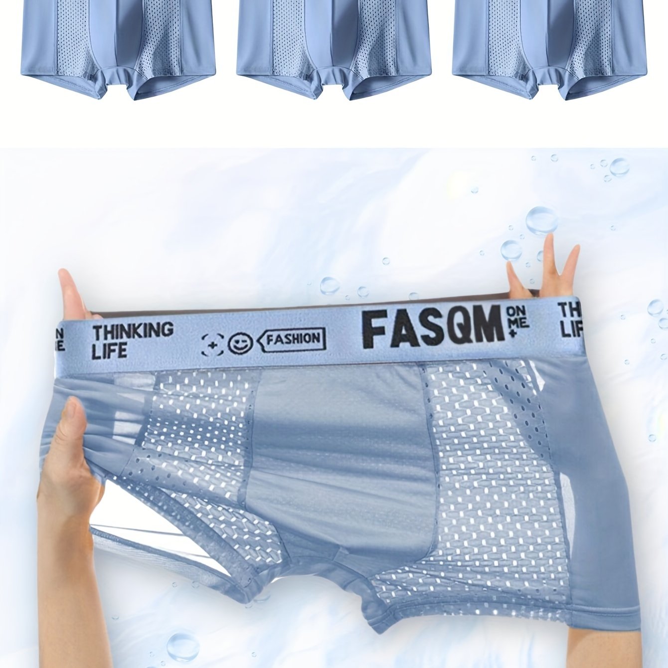 3pcs Men's Ice Silk Cool Soft Comfy Boxers Briefs Underwear, Mesh Patch Breathable Comfy Stretchy Trunks, Men's Casual Plain Color Underwear