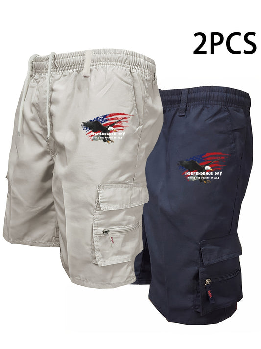 2pcs Graphic Print Men's Loose Fit Waist Drawstring Cargo Shorts with Creative American Flag, Side Pockets for Summer Outdoor Leisure and Work