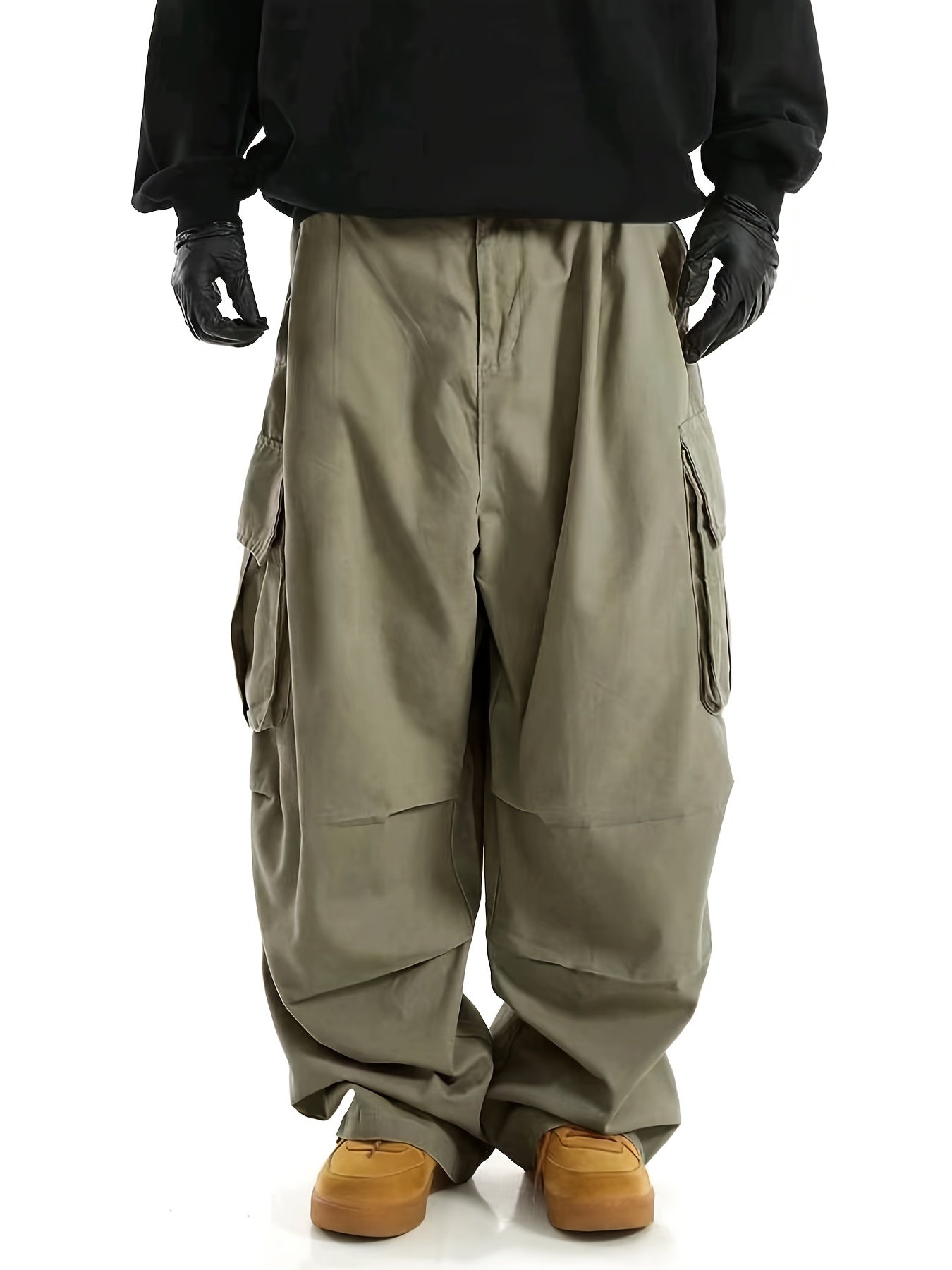 Loose Casual Men's Straight Leg Cargo Pants - Solid Multi Flap Pockets Outdoor Baggy Pants - Work Pants Streetwear