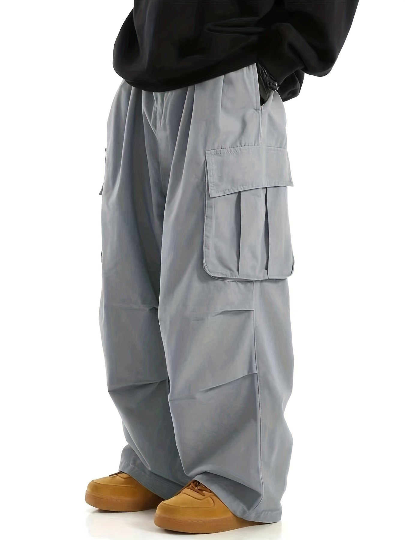 Loose Casual Men's Straight Leg Cargo Pants - Solid Multi Flap Pockets Outdoor Baggy Pants - Work Pants Streetwear