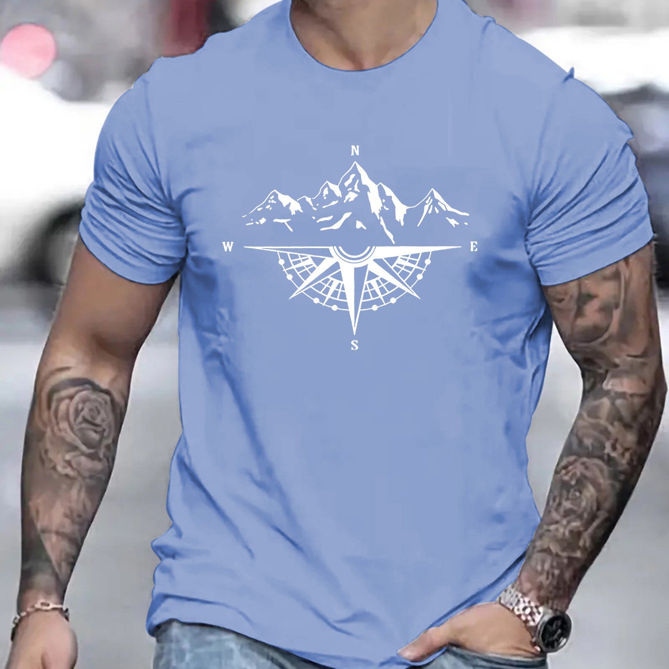 Mountain Shaped Compass & Letter Creative Printing Men's Round Neck Printed T-shirt, Short Sleeved Comfortable Loose Casual Top, Spring Summer Holiday Men's Clothing As A Gift