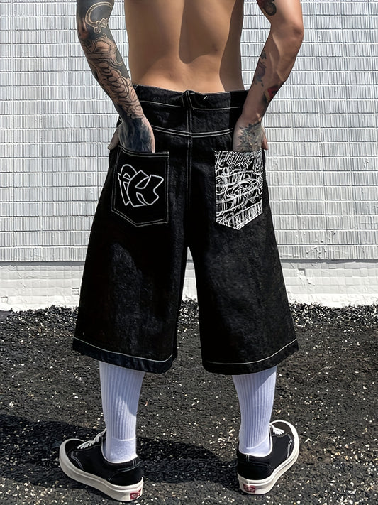 Mens Trendy Embroidered Denim Shorts - Loose Fit, Casual Street Style Jorts - Fashionable Capri Pants for a Relaxed Look