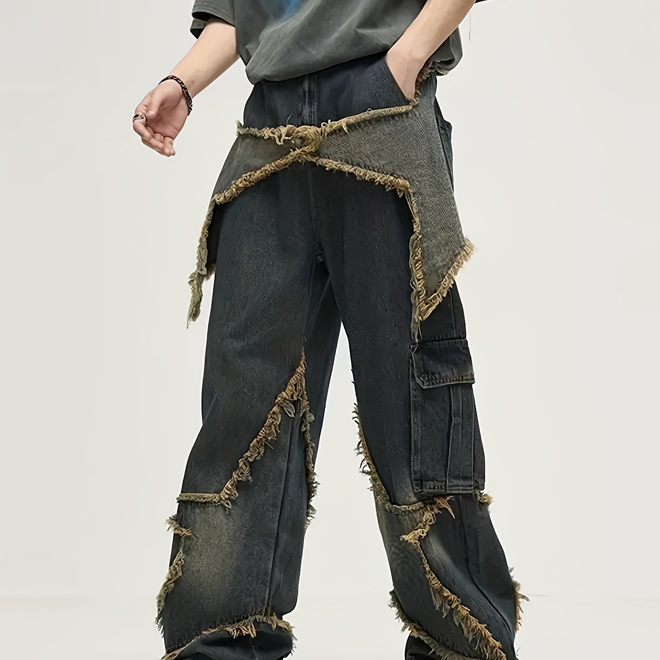 YASUYUAN Men's Comfort-Fit Jeans - Relaxed Streetwear Denim with Raw Edge, Versatile Baggy Pants for Everyday Cool