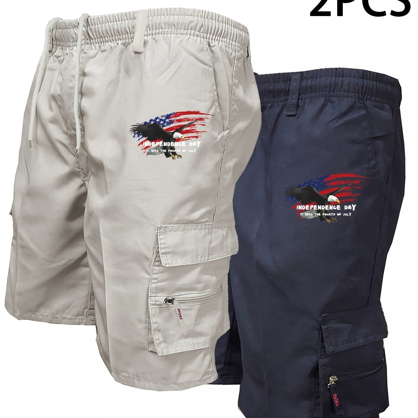 2pcs Graphic Print Men's Loose Fit Waist Drawstring Cargo Shorts with Creative American Flag, Side Pockets for Summer Outdoor Leisure and Work