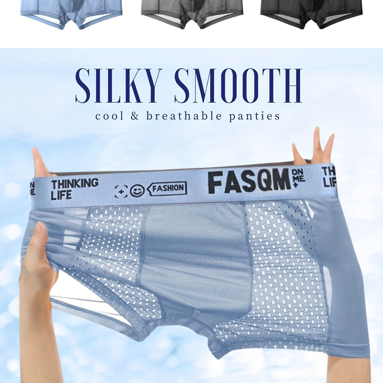 3pcs Men's Ice Silk Cool Soft Comfy Boxers Briefs Underwear, Mesh Patch Breathable Comfy Stretchy Trunks, Men's Casual Plain Color Underwear