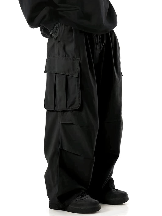 Loose Casual Men's Straight Leg Cargo Pants - Solid Multi Flap Pockets Outdoor Baggy Pants - Work Pants Streetwear