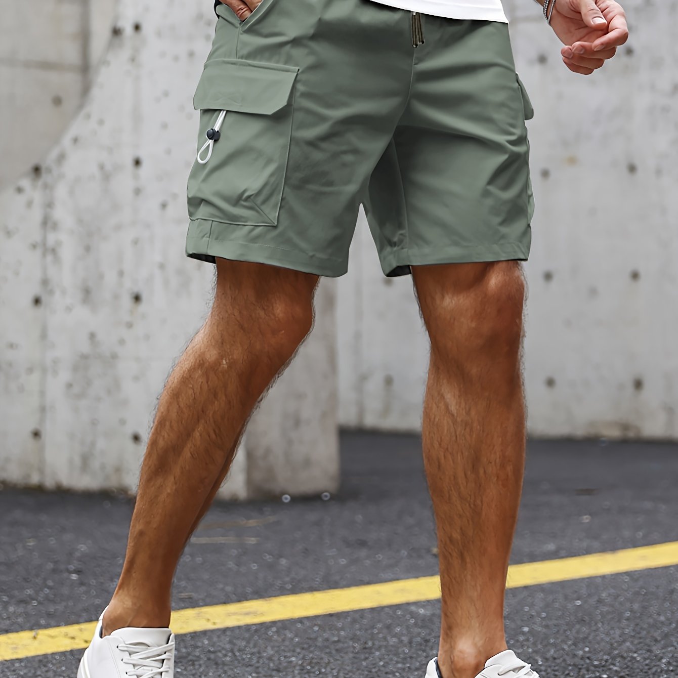 Casual Solid Men's Loose Fit Elastic Waist Cargo Shorts With Side Pockets For Summer Outdoor Leisure And Work