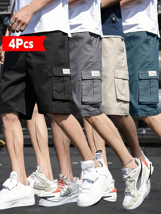 4pcs Men's Casual Cargo Shorts - Solid Color, Polyester Non-Stretch Fabric, Regular Fit | Machine Wash | Multiple Pockets