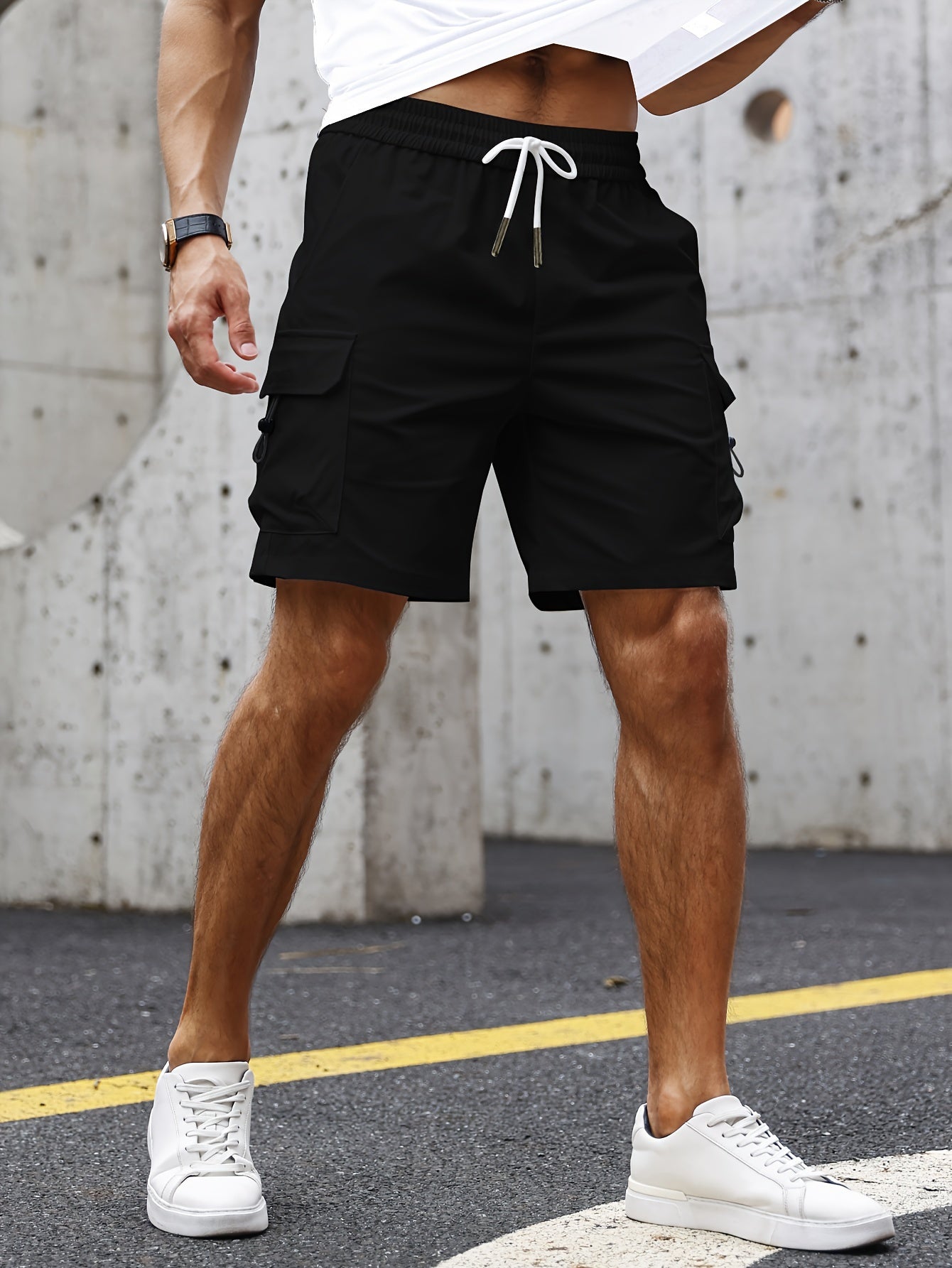 Casual Solid Men's Loose Fit Elastic Waist Cargo Shorts With Side Pockets For Summer Outdoor Leisure And Work
