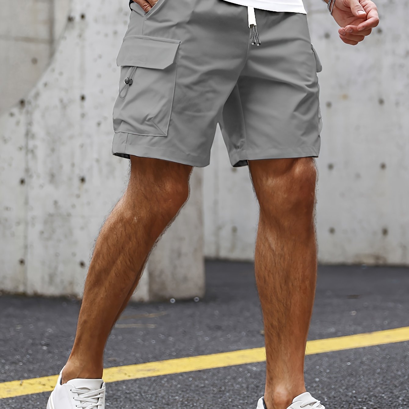 Casual Solid Men's Loose Fit Elastic Waist Cargo Shorts With Side Pockets For Summer Outdoor Leisure And Work