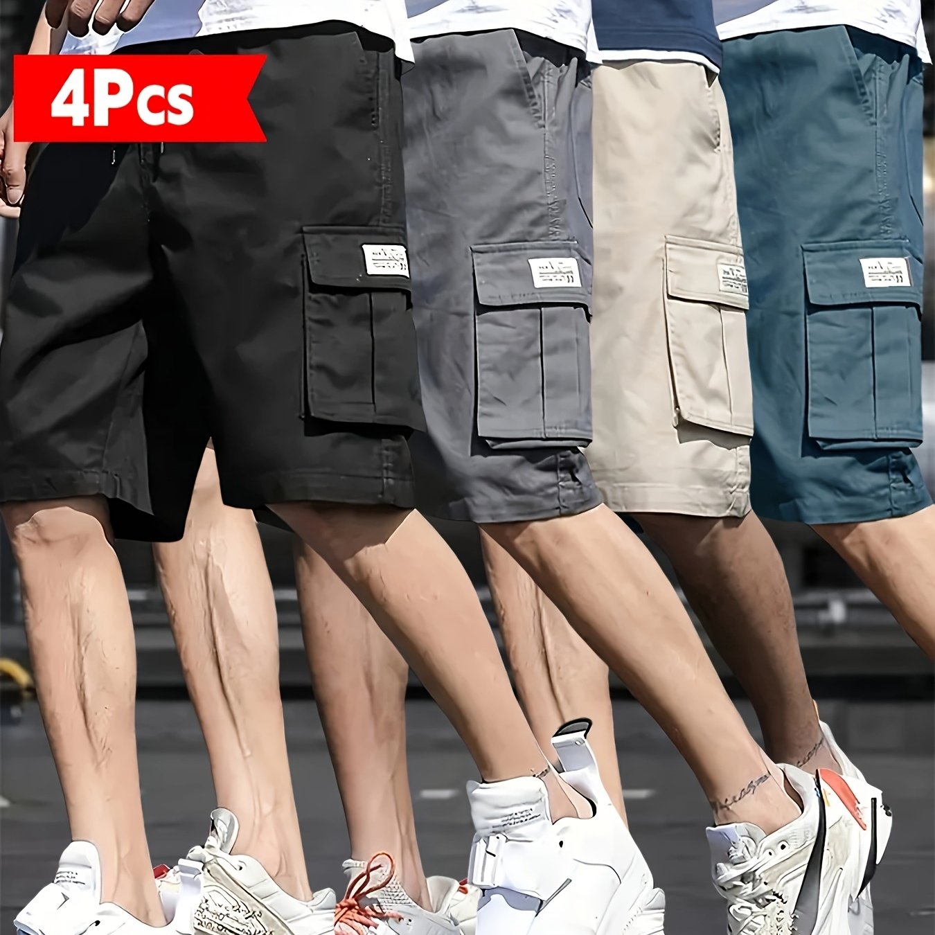 4pcs Men's Casual Cargo Shorts - Solid Color, Polyester Non-Stretch Fabric, Regular Fit | Machine Wash | Multiple Pockets