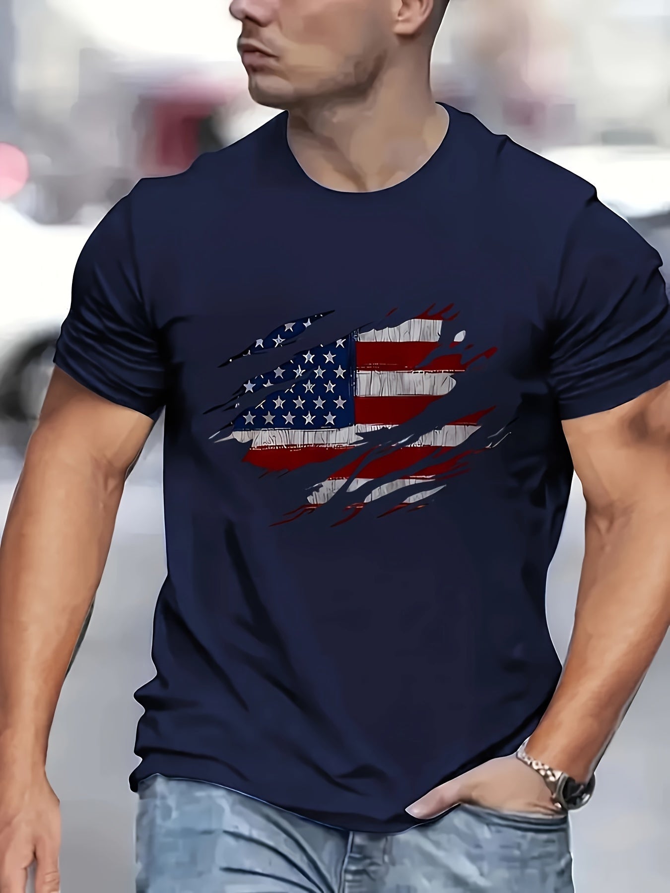 American Flag printed T-shirt men's casual style summer and autumn slightly elastic round neck T-shirt