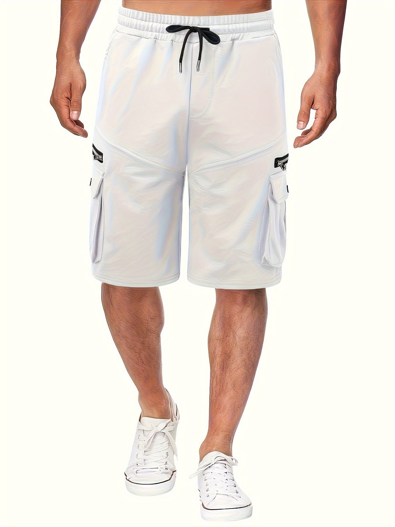 Men's Solid Color Zipper Pockets Cargo Shorts, Casual Stylish Loose Fit Outdoor Short Pants As Gift
