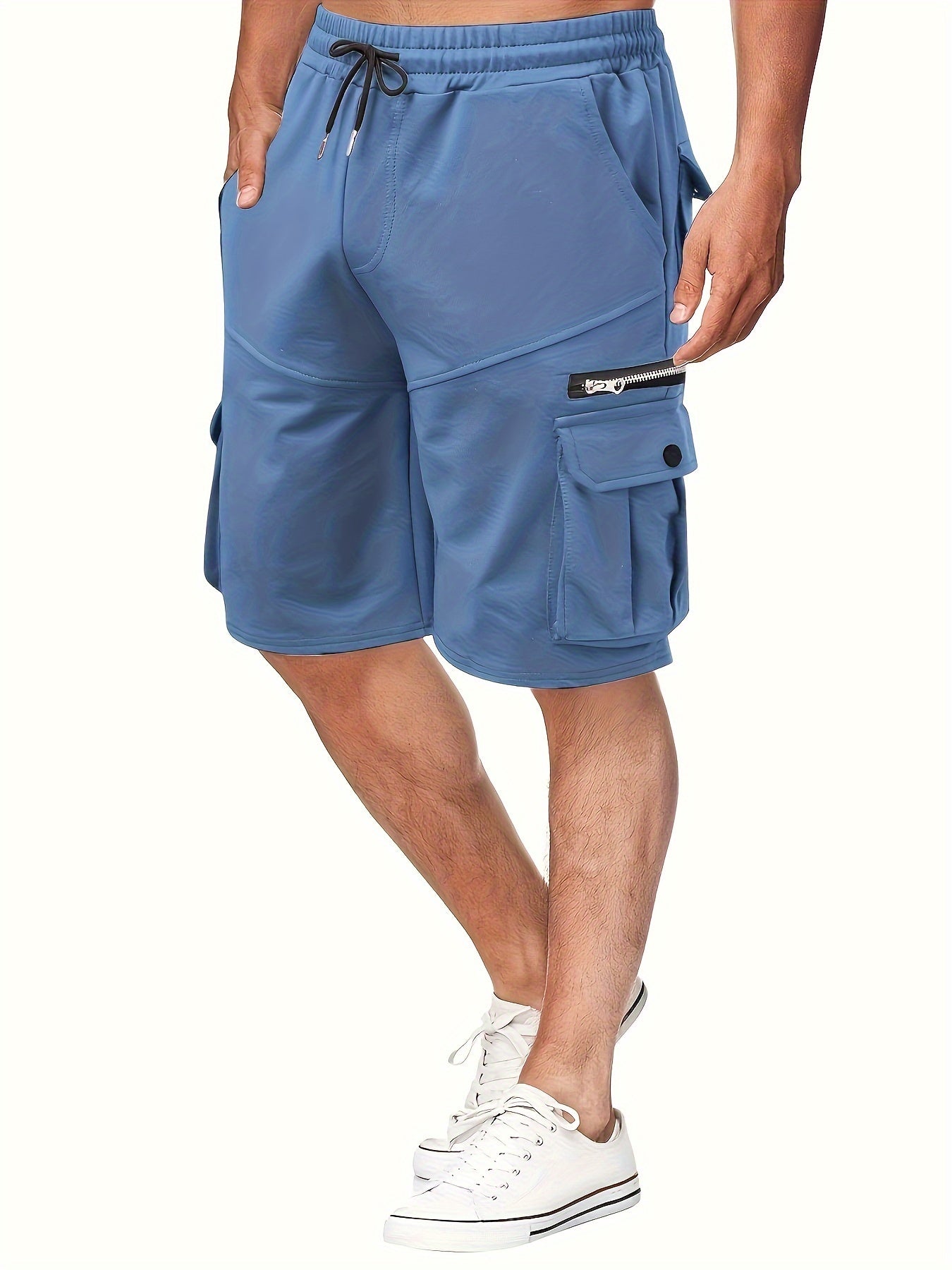 Men's Solid Color Zipper Pockets Cargo Shorts, Casual Stylish Loose Fit Outdoor Short Pants As Gift