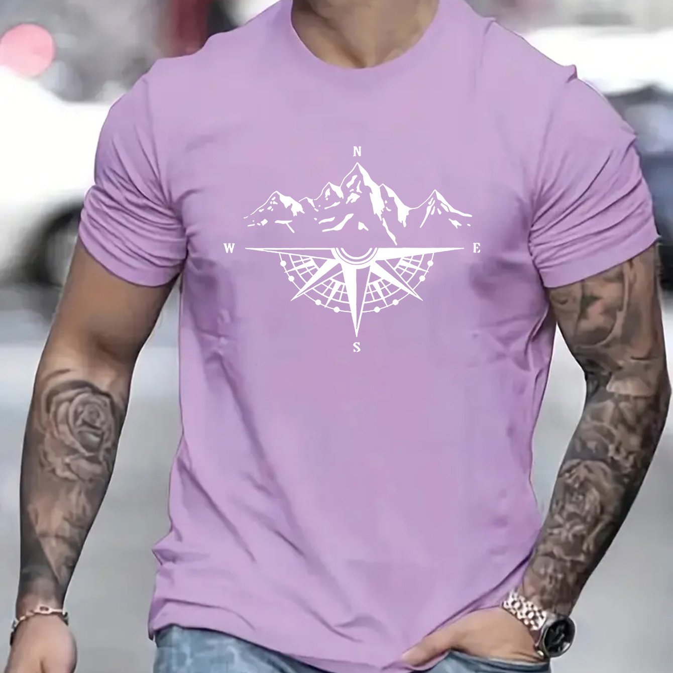 Mountain Shaped Compass & Letter Creative Printing Men's Round Neck Printed T-shirt, Short Sleeved Comfortable Loose Casual Top, Spring Summer Holiday Men's Clothing As A Gift