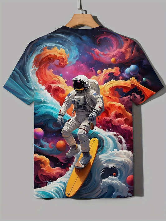 Men'S Astronaut Skateboarding Printed T-shirt - Lightweight Short Sleeved Round Neck, Perfect For Outdoor Adventures And Daily Style