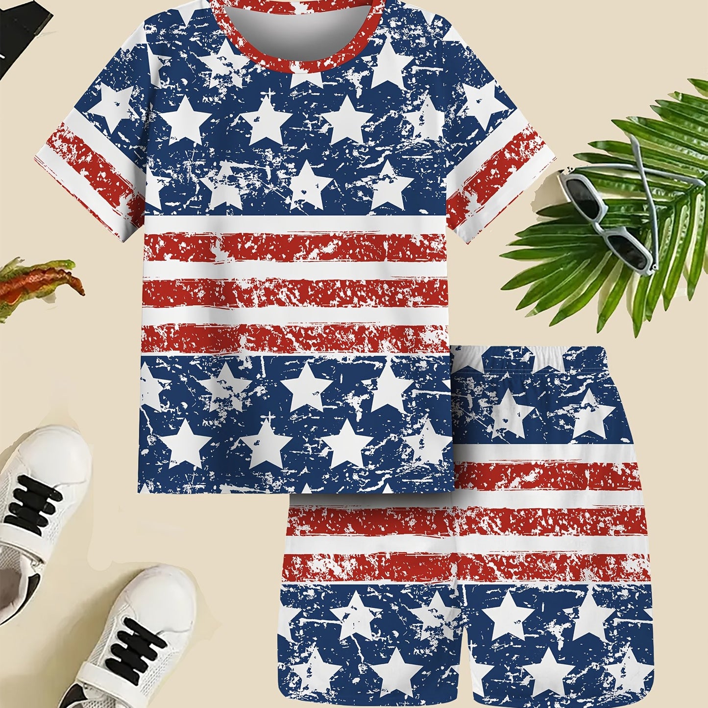 1set Boys' Fashion 3D Digital Printed T-Shirt and Shorts Set, Casual Style, Round Neck, Regular Sleeve, Short Length, Summer Season, Polyester (95%) and Spandex (5%), Geometric Pattern, Breathable Quick-Dry Sports Leisurewear