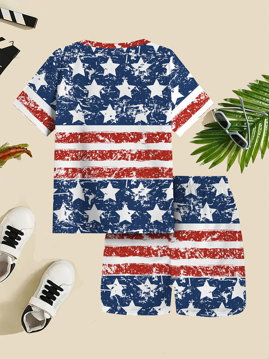 1set Boys' Fashion 3D Digital Printed T-Shirt and Shorts Set, Casual Style, Round Neck, Regular Sleeve, Short Length, Summer Season, Polyester (95%) and Spandex (5%), Geometric Pattern, Breathable Quick-Dry Sports Leisurewear