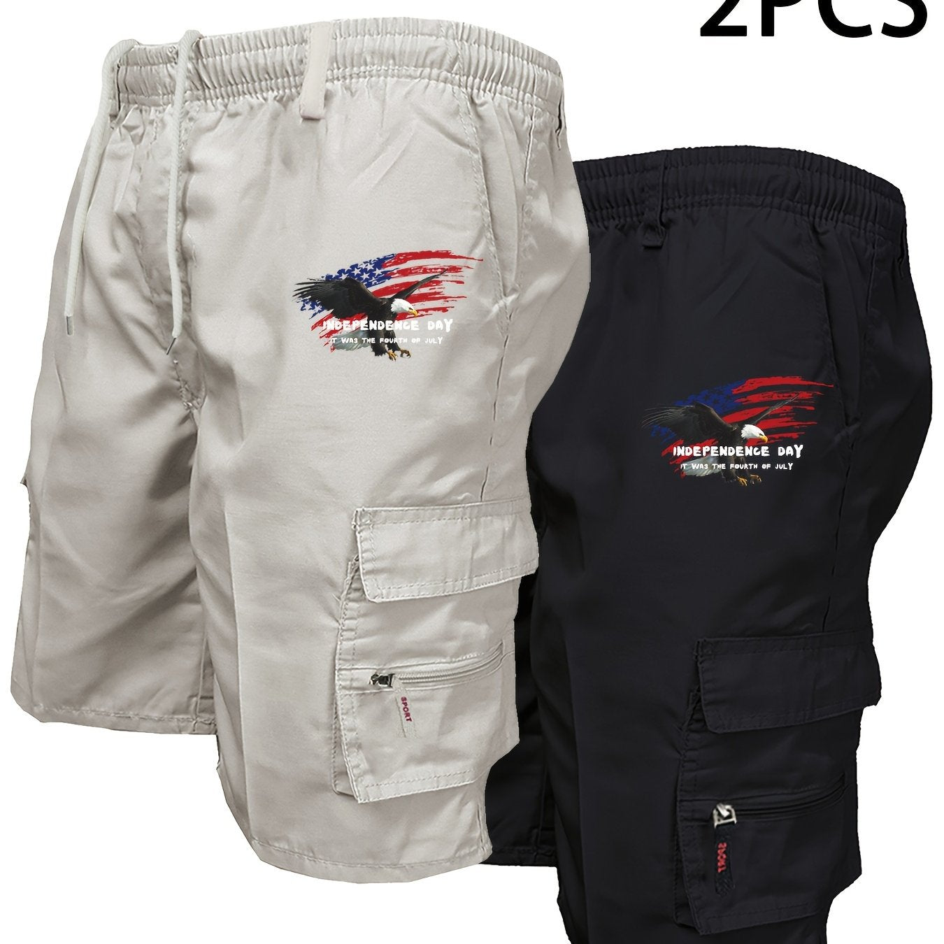 2pcs Graphic Print Men's Loose Fit Waist Drawstring Cargo Shorts with Creative American Flag, Side Pockets for Summer Outdoor Leisure and Work