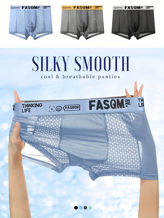 3pcs Men's Ice Silk Cool Soft Comfy Boxers Briefs Underwear, Mesh Patch Breathable Comfy Stretchy Trunks, Men's Casual Plain Color Underwear