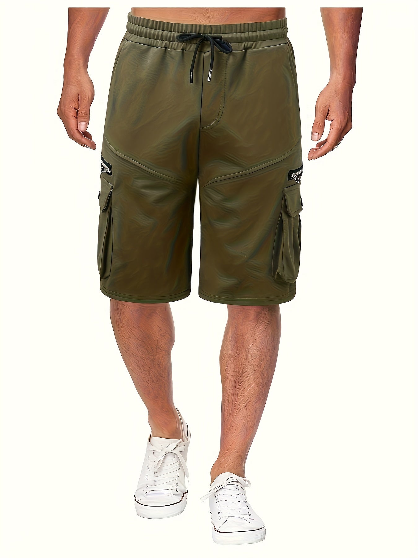 Men's Solid Color Zipper Pockets Cargo Shorts, Casual Stylish Loose Fit Outdoor Short Pants As Gift