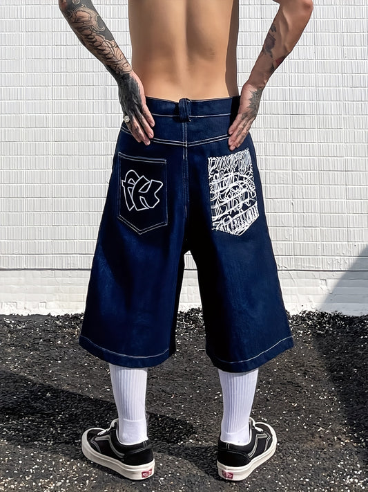Mens Trendy Embroidered Denim Shorts - Loose Fit, Casual Street Style Jorts - Fashionable Capri Pants for a Relaxed Look