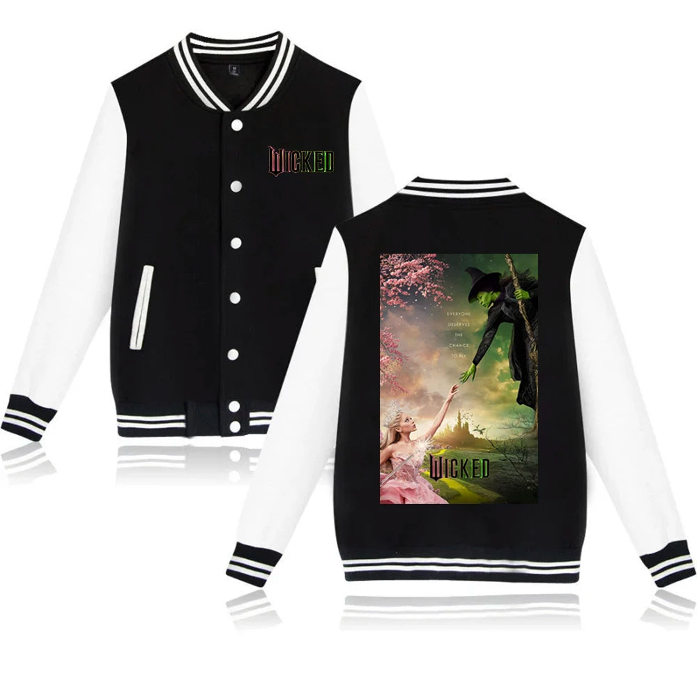 2024 Wicked Movie Hoodie Baseball Uniform Jacket Button Coat Hoodie Unisex Harajuku