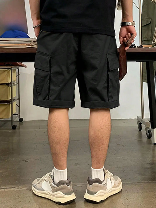 Men's Drawstring Cargo Short Pants, Lightweight Big Flap Pocket Loose Trendy Shorts, Men's Work Pants Outdoors