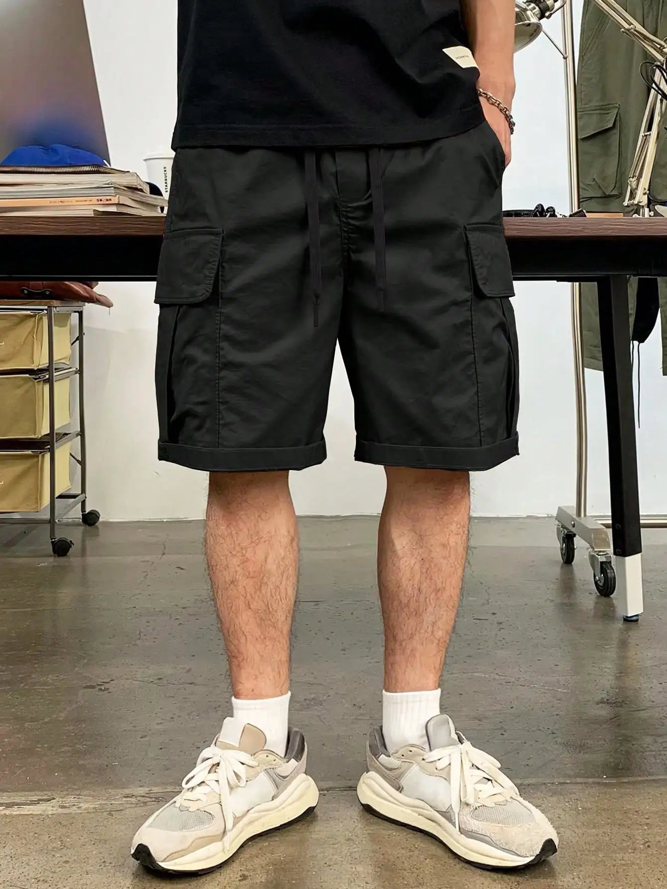 Men's Drawstring Cargo Short Pants, Lightweight Big Flap Pocket Loose Trendy Shorts, Men's Work Pants Outdoors