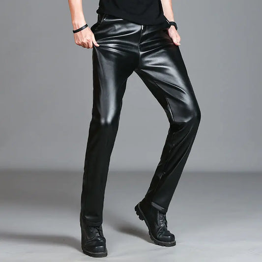 Men's Leather Pants Slim Fit PU Leather Pants Elastic Single Layer Motorcycle Leather Pants Man Waterproof Oil-Proof Young