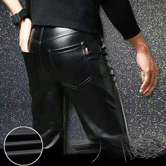 Men's Leather Pants Slim Fit PU Leather Pants Elastic Single Layer Motorcycle Leather Pants Man Waterproof Oil-Proof Young