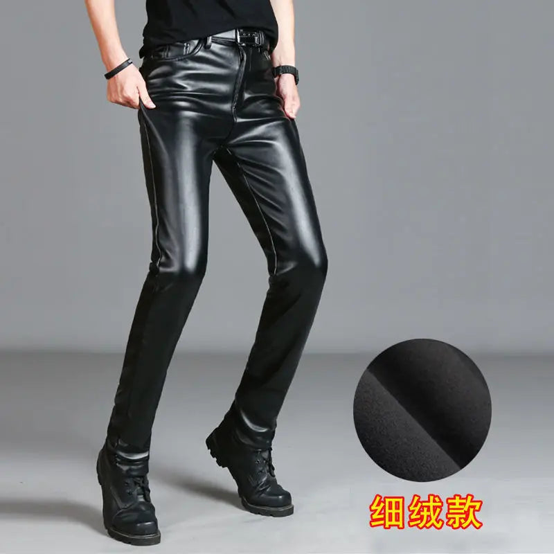 Men's Leather Pants Slim Fit PU Leather Pants Elastic Single Layer Motorcycle Leather Pants Man Waterproof Oil-Proof Young