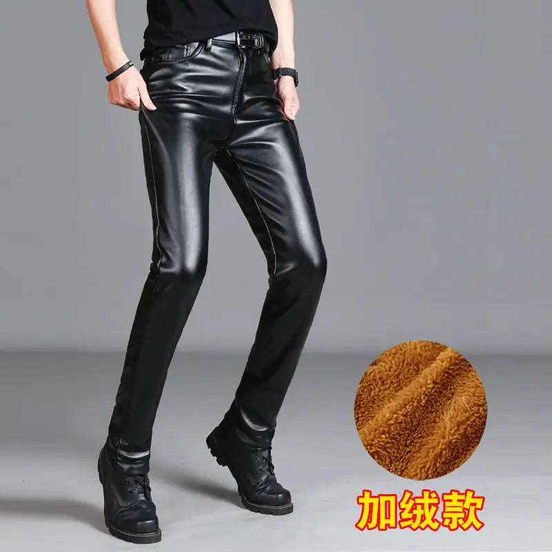 Men's Leather Pants Slim Fit PU Leather Pants Elastic Single Layer Motorcycle Leather Pants Man Waterproof Oil-Proof Young