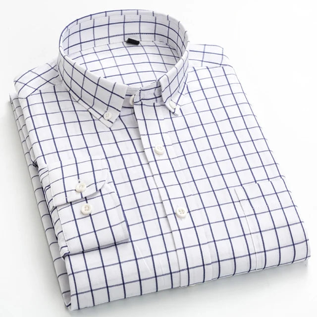 Men's Standard-Fit Long-Sleeve Casual Checked Shirt Single Patch Pocket Button-down Collar Comfortable 100% Cotton Gingham Shirt