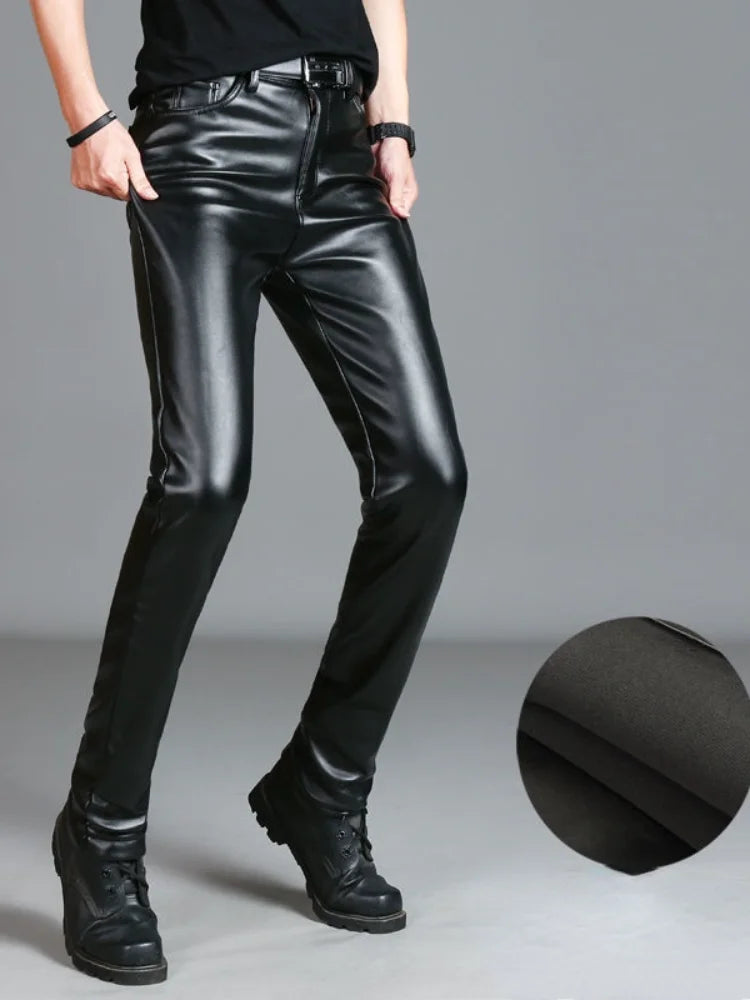 Men's Leather Pants Slim Fit PU Leather Pants Elastic Single Layer Motorcycle Leather Pants Man Waterproof Oil-Proof Young