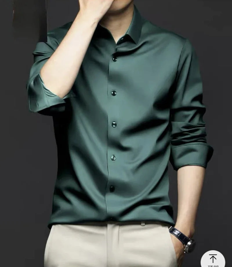 Spring and summer seamless high elasticity men's shirt long sleeved business casual wrinkle free shirt men's silky smooth shirt
