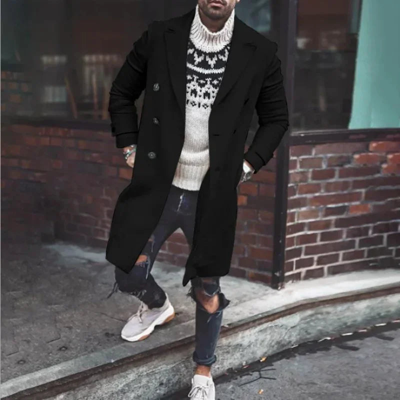 Fashion Men Woolen Coat  New Solid Casual Lapel Double-breasted Coat Woolen Coat Men  Long Sleeve Cardigan Overcoat Tops