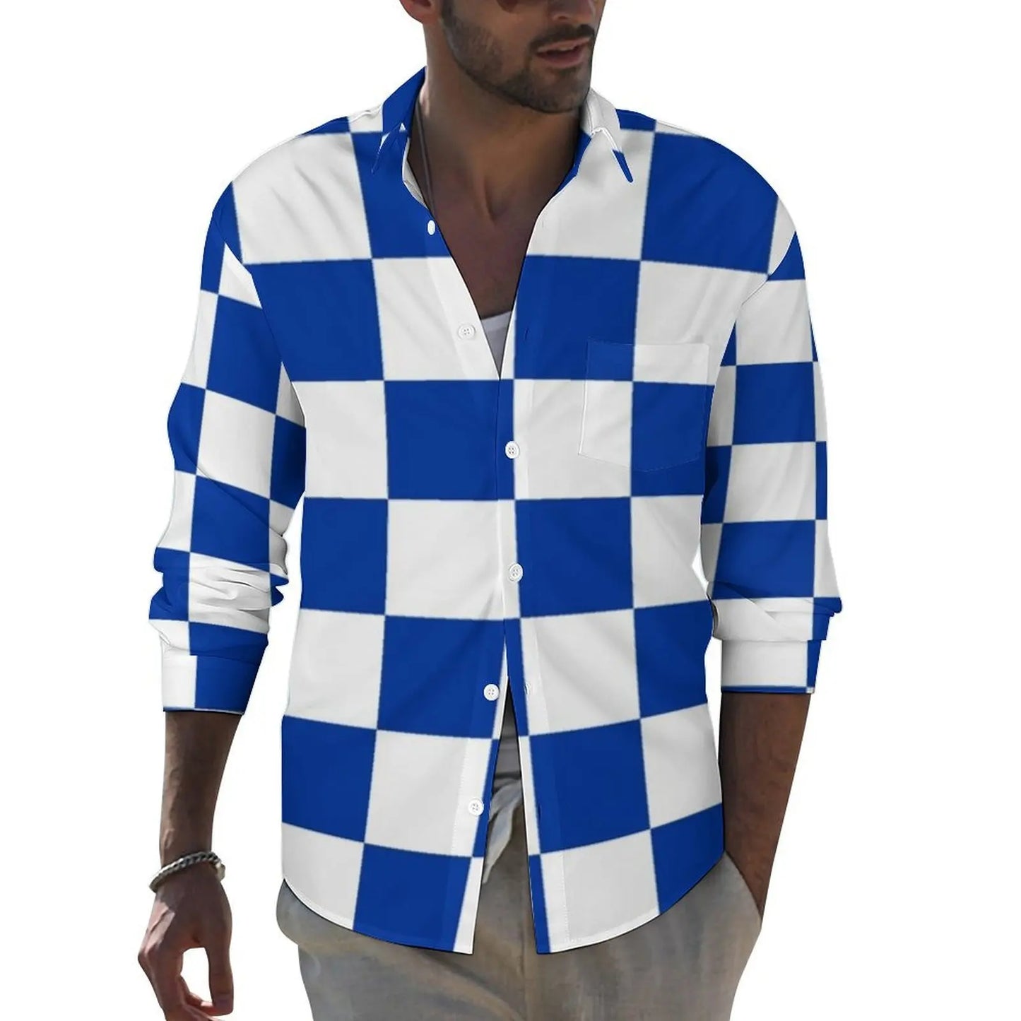 Black Checkerboard Shirt Men Classic Black and White Checker Casual Shirts Autumn Blouses Long Sleeve Fashion Oversized Clothing